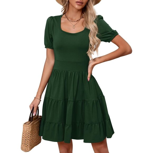 Women's Summer Dress Square Neck Formal Short Sleeve Business A-Line Midi Dress - Picture 1 of 5